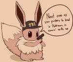  2019 4_toes angry blush brown_eyes brown_fur canid canine clothed clothed_feral clothing comic dialogue dipstick_tail eevee english_text fbi feral fluffy fluffy_tail fur gun hat headgear headwear long_ears looking_at_viewer mammal multicolored_tail nintendo open_mouth pok&eacute;mon pok&eacute;mon_(species) ranged_weapon reaction_image rebornisaac simple_background solo standing tan_fur text toes video_games weapon 
