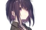  1girl black_hair black_jacket collarbone commentary face haizome_senri jacket looking_at_viewer original pink_eyes short_hair simple_background smile solo white_background 
