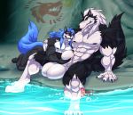  2019 4_toes 5_fingers abs animal_genitalia anthro anthro_on_anthro balls biceps big_balls big_muscles black_fur black_nose black_skin blue_eyes blue_fur blue_hair blush brother brothers canid canine canis cave digitigrade duo english_text fully_sheathed fur gloves_(marking) gon_moone hair hair_tuft hungothenomster incest lenneth_moone long_hair male male/male mammal markings multicolored_fur multicolored_skin muscular muscular_male muscular_thighs nipples nude pecs sharp_teeth sheath sibling sitting size_difference smile socks_(marking) speech_bubble teeth text toes two_tone_fur two_tone_skin water white_fur white_hair white_skin wolf yellow_eyes 