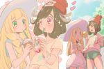  2girls beanie black_hair blonde_hair blue_sky braid chorimokki cloud creatures_(company) day dress drinking drinking_straw game_freak green_eyes green_shorts hat heart holding lillie_(pokemon) long_hair malasada mizuki_(pokemon) multiple_girls nintendo pokemon pokemon_(game) pokemon_sm red_headwear shirt short_hair short_sleeves shorts sky sleeveless sleeveless_dress sun_hat tied_shirt twin_braids white_dress white_headwear z-ring 