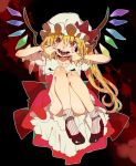  1girl arms_up ass bangs bare_legs black_background blonde_hair bow collarbone commentary_request convenient_leg crystal dress eyebrows_visible_through_hair eyes_visible_through_hair fangs flandre_scarlet full_body hair_between_eyes hat hat_bow head_tilt high_heels highres knees_up long_hair looking_at_viewer mob_cap mouth_pull one_side_up open_mouth outline petticoat potesara puffy_short_sleeves puffy_sleeves red_bow red_dress red_eyes red_footwear shirt short_sleeves simple_background smile socks solo striped striped_legwear tongue tongue_out touhou vertical-striped_legwear vertical_stripes very_long_hair white_headwear white_legwear white_outline white_shirt wings 