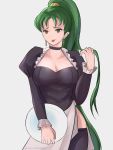  1girl absurdres alternate_costume black_legwear breasts choker cleavage earrings fire_emblem fire_emblem:_rekka_no_ken green_eyes green_hair grey_background highres holding holding_plate jewelry long_hair long_sleeves lyndis_(fire_emblem) maid medium_breasts nintendo plate ponytail simple_background solo the_kingduke tongue tongue_out twitter_username 