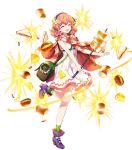  amagai_tarou bangs dress eyebrows_visible_through_hair eyes_closed fire_emblem fire_emblem_echoes:_mou_hitori_no_eiyuuou food full_body hair_ornament highres holding jenny_(fire_emblem) jewelry leg_up necklace nintendo official_art open_mouth pink_hair shoes short_dress short_hair sleeveless smile sparkle transparent_background 