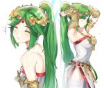  1girl adjusting_hair alternate_hairstyle arm_at_side armlet armpits arms_up back bangs bare_back bare_shoulders blush bracer breasts circlet closed_mouth dress eyebrows_visible_through_hair eyes_closed female from_side green_eyes green_hair hair_ornament headpiece high_ponytail highres jewelry kid_icarus kid_icarus_uprising lips long_hair looking_down medium_breasts multiple_views neck neck_ring necklace nintendo ormille palutena parted_bangs ponytail serious shiny shiny_hair side_slit simple_background smile standing strapless strapless_dress thighhighs upper_body very_long_hair white_background white_dress white_legwear 