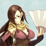  1girl absurdres artist_name bangs blue_background breasts brown_eyes brown_hair cleavage dakkalot fan fingernails fire_emblem fire_emblem_if hair_over_one_eye highres holding kagerou_(fire_emblem_if) large_breasts lips long_hair nintendo paper_fan parted_lips scarf simple_background smile solo upper_body yellow_scarf 