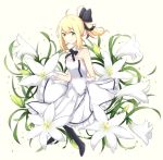  1girl artoria_pendragon_(all) bangs bare_shoulders black_bow black_footwear blonde_hair blush boots bow breasts brown_background closed_mouth collar commentary detached_collar dress eyebrows_visible_through_hair fate/unlimited_codes fate_(series) flower frilled_dress frills gloves green_eyes hair_between_eyes hair_bow ponytail rocm_(nkkf3785) saber_lily sidelocks skirt_hold small_breasts smile solo strapless strapless_dress twitter_username white_collar white_dress white_flower white_gloves 