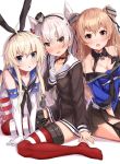  3girls all_fours amatsukaze_(kantai_collection) black_gloves black_legwear black_panties black_skirt blonde_hair blue_shirt blush breasts brown_dress brown_eyes cleavage crop_top dress elbow_gloves embarrassed garter_straps gloves grey_eyes hair_ornament hair_tubes hairband hand_on_own_chest hand_up johnston_(kantai_collection) kantai_collection light_brown_hair long_hair looking_at_viewer medium_breasts miniskirt multiple_girls off_shoulder open_mouth panties pleated_skirt red_legwear sailor_collar sailor_dress school_uniform serafuku shimakaze_(kantai_collection) shirt short_dress silver_hair single_glove sitting skirt smile striped striped_legwear sweatdrop takanashi_kei_(hitsujikan) thighhighs two_side_up underwear us_medal_of_honor wariza white_gloves 