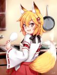  1girl :d absurdres animal_ear_fluff animal_ears apron bangs blonde_hair blush brown_apron brown_hair chrisandita commentary eyebrows_visible_through_hair fang flower fox_ears fox_girl fox_tail frying_pan hair_between_eyes hair_flower hair_ornament highres holding indoors japanese_clothes kimono kitchen long_sleeves looking_at_viewer looking_back open_mouth red_flower red_hair ribbon-trimmed_sleeves ribbon_trim senko_(sewayaki_kitsune_no_senko-san) sewayaki_kitsune_no_senko-san signature smile solo stove tail tail_raised v-shaped_eyebrows white_kimono wide_sleeves 