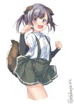  1girl animal_ears arm_warmers bangs blunt_bangs dog_ears dog_tail ebifurya extra_ears grey_eyes grey_hair grey_skirt highres kantai_collection ooshio_(kantai_collection) open_mouth paw_pose pleated_skirt school_uniform shirt short_hair short_sleeves short_twintails simple_background skirt smile solo suspender_skirt suspenders tail twintails twitter_username white_background white_shirt 