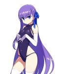  1girl bare_shoulders blue_eyes chan_co contrapposto covered_navel elbow_gloves eyebrows_visible_through_hair fate/extra fate/extra_ccc fate_(series) flat_chest gloves hair_ribbon leotard long_hair looking_at_viewer meltlilith own_hands_together purple_hair ribbon simple_background solo thighhighs very_long_hair white_background white_gloves white_legwear 