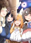  4girls :d alpaca_suri_(kemono_friends) alternate_hair_length alternate_hairstyle animal_ear_fluff animal_ears bangs black_gloves black_hair black_neckwear blonde_hair blue_eyes bow bowtie breasts brown_bear_(kemono_friends) brown_eyes commentary_request extra_ears eyebrows_visible_through_hair fox_ears gloves hair_between_eyes hair_over_one_eye hayashi_(l8poushou) highres kemono_friends large_breasts long_hair multiple_girls older one_eye_closed open_mouth print_neckwear round_teeth serval_(kemono_friends) serval_ears serval_print silver_fox_(kemono_friends) smile teeth telescope white_gloves 