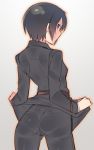  1girl ass belt black_eyes black_hair em formal from_behind impossible_clothes kino kino_no_tabi looking_back pants shirt_lift short_hair skintight_clothing suit tomboy 