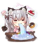  1girl =_= animal_ear_fluff animal_ears bangs black_bow blush_stickers bow breasts cat_ears chibi commentary_request doughnut eyebrows_visible_through_hair eyes_closed food grey_hair hair_between_eyes hair_bow hands_on_own_face hands_up large_breasts long_hair long_sleeves macaron ooji_cha original oziko_(ooji_cha) pink_sweater rainbow ribbed_sweater saliva solo sparkle striped striped_bow sweater table translation_request two_side_up very_long_hair 