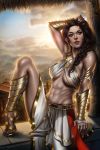  1girl assassin&#039;s_creed assassin&#039;s_creed:_odyssey assassin&#039;s_creed_(series) ayya_saparniyazova braid breasts brown_eyes brown_hair kassandra_(assassin&#039;s_creed) legs long_hair looking_away medium_breasts navel patreon scar sitting solo 