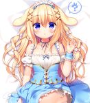  1girl :o ? animal_ears bangs bed_sheet blonde_hair blue_ribbon blue_skirt blush bow bunny bunny_ears collarbone commentary_request detached_sleeves eyebrows_visible_through_hair frilled_skirt frills hair_between_eyes hair_bow hair_ornament hand_up long_hair lying maid maid_headdress neck_ribbon on_back original panties parted_lips puffy_short_sleeves puffy_sleeves purple_eyes ribbon sasai_saji short_sleeves sidelocks skirt skirt_lift sleeveless solo spoken_question_mark underwear very_long_hair white_bow white_panties white_sleeves wrist_cuffs x_hair_ornament 