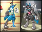  ambiguous_gender bulge comic dialogue digital_media_(artwork) english_text hi_res inside living_latex lucario nintendo paint pok&eacute;mon pok&eacute;mon_(species) redflare500 rubber solo speech_bubble spikes spotlight spray_paint team_rocket text thought_bubble transformation video_games 