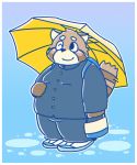  2016 anthro blush bmf_6666 brown_fur canid canine clothing fur humanoid_hands male mammal one_eye_closed overweight overweight_male pants raccoon_dog shirt solo tanuki topwear umbrella wink 