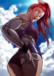 1girl abs adjusting_clothes adjusting_legwear ass bare_shoulders bokkusu breasts captain_mizuki earring from_below medium_breasts midriff muscle muscular_female one-punch_man open_mouth ponytail solo sports_bra sweat 