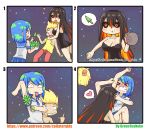  &gt;_&lt; 1boy 2girls :d absurdres arm_up artist_name asymmetrical_sleeves bangs bite_mark black_hair black_sclera blonde_hair blue_eyes blue_hair blue_neckwear blue_sailor_collar blue_skirt blush bowl cellphone clenched_teeth comic earth-chan eyebrows_visible_through_hair eyes_closed food food_on_face green_hair greenteaneko grin hair_between_eyes head_bump highres holding holding_bowl holding_cellphone holding_phone m87_black_hole middle_finger monster_girl multicolored_hair multiple_girls neckerchief nose_blush open_mouth orange_eyes original personification phone pleated_skirt red_eyes red_hair sailor_collar sharp_teeth shirt short_sleeves silent_comic skirt small smile streaked_hair sweat teeth tongue tongue_out tree two-tone_hair v-shaped_eyebrows watermark web_address white_shirt yellow_shirt 