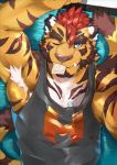  2019 anthro biceps clothed clothing felid fur hi_res looking_at_viewer male mammal one_eye_closed pantherine ragtouran simple_background solo tiger wink 