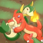  2019 3_toes anal anal_fingering anus argon_vile balls blue_eyes brown_eyes charmeleon claws cum cum_in_ass cum_inside cum_on_face cum_on_leg duo fingering grass half-erect hi_res looking_at_another looking_at_partner male male/male nintendo nude on_ground open_mouth orange_body outside penis pok&eacute;mon pok&eacute;mon_(species) servine signature smile toes video_games 