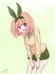  1girl :d bangs blush brown_hair brown_sweater collared_shirt commentary_request eyebrows_visible_through_hair go-toubun_no_hanayome green_background green_hairband green_ribbon green_shirt green_skirt hair_between_eyes hair_ribbon hairband kujou_karasuma leaning_forward long_sleeves looking_at_viewer nakano_yotsuba open_mouth pleated_skirt purple_eyes ribbon shirt signature skirt smile solo star starry_background striped striped_shirt sweater vertical-striped_shirt vertical_stripes 