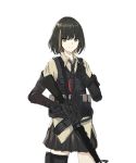  1girl absurdres artist_request assault_rifle black_hair bulletproof_vest girls_frontline gloves grey_eyes gun highres holster m16 m16a1_(girls_frontline) necktie no_eyepatch rifle shirt smile solo tactical_clothes weapon white_shirt younger 