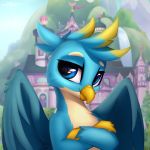  2019 absurd_res anthro avian beak blue_eyes crossed_arms detailed_background digital_media_(artwork) feathers friendship_is_magic gallus_(mlp) gryphon hi_res my_little_pony outside setharu solo wings 