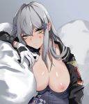  1girl areolae bags_under_eyes bangs breasts breasts_outside clothes_writing elbow_rest eyebrows_visible_through_hair facial_mark fxgnhtc7ed7nr6d german_flag girls_frontline gloves green_eyes grey_hair hair_ornament head_on_arm highres hk416_(girls_frontline) jacket jacket_pull large_breasts leaning long_hair long_sleeves looking_at_viewer nipples sidelocks sitting solo teardrop tears tsurime very_long_hair 