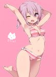  1girl ;d alice_gear_aegis armpits arms_behind_head bikini breasts commentary_request erect_nipples eyebrows_visible_through_hair highres hirasaka_yotsuyu leg_up looking_at_viewer midriff navel one_eye_closed open_mouth pink_background pink_hair purple_eyes simple_background small_breasts smile solo striped striped_bikini stroma swimsuit 