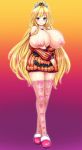  1girl areolae blonde_hair blue_eyes blush breast_hold breasts breasts_outside btk erect_nipples female full_body gradient gradient_background hair_ornament hearts highres honoo_no_haramase_oppai_shintai_sokutei huge_breasts jewelry keikouin_yuki long_hair looking_at_viewer necklace nipples pink_legwear shiny shiny_skin smile solo squeez standing thighhighs tiara 