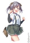  1girl animal_ears arm_warmers bangs blunt_bangs dog_ears dog_tail ebifurya extra_ears grey_eyes grey_hair grey_skirt highres kantai_collection ooshio_(kantai_collection) open_mouth paw_pose pleated_skirt school_uniform shirt short_hair short_sleeves short_twintails simple_background skirt smile solo suspender_skirt suspenders tail twintails twitter_username white_background white_shirt 