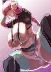  1girl arms_behind_head bangs bikini black_headwear black_legwear blush boots braid breasts curvy drooling eyebrows_visible_through_hair fate/grand_order fate_(series) florence_nightingale_(fate/grand_order) garrison_cap gloves green_bikini green_gloves green_legwear hat high_heels highres huge_breasts large_breasts layered_bikini long_hair microskirt nurse_cap open_mouth pink_bikini pink_hair red_eyes revealing_clothes saliva shrug_(clothing) skirt solo spread_legs squatting swimsuit thigh_boots thighhighs tomako_(tatihitoe) tongue tongue_out trick_or_treatment uniform 