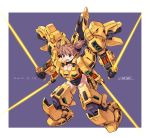 1girl absurdres armor beam_saber blue_eyes breasts brown_hair cleavage commentary_request energy_sword full_body gundam highres large_breasts leotard mecha_musume michi_kuso multiple_arms open_mouth quadruple_wielding short_hair short_twintails simple_background skindentation solo sword the_o twintails weapon zeta_gundam 
