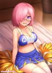  1girl artist_name bangs bare_arms bare_shoulders bed black-framed_eyewear blue_skirt blush breasts cheerleader cleavage clothes_writing collarbone commentary_request cowboy_shot crop_top fate/grand_order fate_(series) glasses hair_over_one_eye highres holding_pom_poms indoors large_breasts looking_at_viewer looking_over_eyewear mash_kyrielight midriff miniskirt navel on_bed open_mouth oyaji-sou pink_hair pleated_skirt purple_eyes shirt short_hair sitting skirt sleeveless sleeveless_shirt solo stomach thighhighs white_legwear zettai_ryouiki 