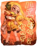  1girl :3 bangs bike_shorts black_shorts blonde_hair blunt_bangs closed_mouth commentary_request denchinamazu domino_mask earmuffs highres ink_tank_(splatoon) inkling long_hair mask pointy_ears scroll shoes shorts single_vertical_stripe smile sneakers solo splatoon splatoon_(series) splatoon_2 squidbeak_splatoon suction_cups tentacle_hair tona_bnkz yellow_coat 