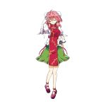  1girl ahoge aki_chimaki bandage bandaged_arm bandages bangs breasts bun_cover chains chinese_clothes cuffs double_bun flower full_body green_skirt hair_between_eyes highres ibaraki_kasen large_breasts medium_hair pink_eyes pink_flower pink_hair pink_rose puffy_short_sleeves puffy_sleeves rose shackles short_sleeves skirt solo tabard tachi-e touhou 