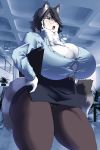  absurd_res anthro big_breasts breasts clothed clothing curvaceous eyewear felid feline female glasses hi_res huge_breasts looking_at_viewer mammal open_mouth opqhlak pussy solo standing thick_thighs 