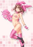  1girl alternate_costume animal_ears animal_hat bangs bare_arms bare_shoulders bikini black_footwear blush boots breasts brown_hair bullpup bunny_ears commentary_request eyebrows_visible_through_hair gloves gun hat highres holding llenn_(sao) looking_at_viewer micro_bikini navel open_mouth p-chan_(p-90) p90 pink_bikini pink_gloves pink_headwear pink_legwear roura short_hair small_breasts solo submachine_gun swimsuit sword_art_online sword_art_online_alternative:_gun_gale_online weapon 