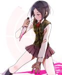  1girl bangs black_hair black_legwear blue_eyes brown_gloves commentary danganronpa danganronpa_1 dated english_commentary freckles gloves highres holding holding_knife holding_weapon huyandere ikusaba_mukuro knife looking_to_the_side parted_bangs pink_blood pleated_skirt shirt short_hair skirt solo weapon white_shirt 