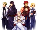  5boys arms_behind_back black_eyes black_hair blonde_hair blue_pants breastplate brown_eyes calne_kaiwal claugh_klom densetsu_no_yuusha_no_densetsu green_eyes hands_together jacket long_hair long_sleeves looking_at_viewer male_focus milan_froward multiple_boys nocturne_(pixiv41691) open_clothes open_jacket pants purple_neckwear rahel_miller red_hair shiny shiny_hair shoulder_armor silver_hair simple_background sion_astal sitting smile spaulders standing tattoo white_background white_jacket white_pants 