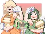  1boy 2girls armpits bakugou_masaru bakugou_mitsuki bare_shoulders blonde_hair blush boku_no_hero_academia border breasts eyebrows_visible_through_hair female_focus glasses gloves gradient gradient_background green_eyes green_hair grey_background jingle_bell_collar large_breasts looking_at_viewer matching_hair/eyes midoriya_inko midriff multiple_girls navel open_mouth paw_gloves paw_pose paws pink_background plump red_eyes short_hair skirt smile spiked_hair teeth tongue wavy_mouth white_border 