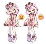  +_+ 1girl bangs blunt_bangs cellphone commentary crown domino_mask dress expressions fang gem head_tilt hime_(splatoon) holding holding_cellphone holding_phone jewelry long_sleeves mask medium_hair mole mole_under_mouth necklace open_mouth pendant phone pink_dress pink_hair sen_squid shoes simple_background smile smiley_face splatoon splatoon_(series) splatoon_2 sweater sweater_dress symbol_commentary tentacle_hair white_background white_footwear white_hair yellow_eyes 