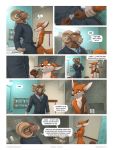  2019 animal_genitalia anthro blue_eyes bovid canid canine caprine clothed clothing comic dialogue duo english_text fox fully_clothed fur hi_res horn inside jayden_coultier_(zaush) larger_male male male/male mammal nude orange_fur sheath size_difference smaller_male suit text unprofessional_behavior url zaush 