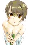  1girl areola_slip areolae bare_shoulders blush breasts brown_eyes cleavage cucumber downblouse food green_hair highres holding holding_food looking_at_viewer marutaya medium_breasts no_bra off_shoulder original parted_lips sexually_suggestive short_hair simple_background solo strap_slip white_background 