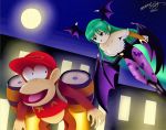  1girl bangs barrel breasts building capcom cleavage crossover darkstalkers diddy_kong donkey_kong_country flying green_eyes green_hair grin hat leotard long_hair monkey moon morrigan_aensland nervous night night_sky nintendo red_shirt rocket shirt sky smile stockings super_smash_bros. tail vampire_(game) wings 