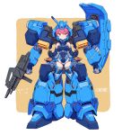  1girl armor bare_shoulders breasts commentary_request controller elbow_gloves full_body gloves gun gundam gundam_hathaway&#039;s_flash gustav_karl helmet highres large_breasts leotard looking_at_viewer mecha_musume michi_kuso pink_eyes pink_hair shield short_hair simple_background solo thighhighs weapon 