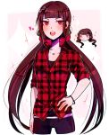  1girl alternate_costume bangs black_hair black_shirt collarbone commentary danganronpa english_commentary hair_ornament hairclip harukawa_maki heart highres huyandere long_hair looking_at_viewer low_twintails mole mole_under_eye new_danganronpa_v3 pants red_eyes red_scrunchie red_shirt scrunchie shirt simple_background sleeves_rolled_up solo twintails two-tone_shirt very_long_hair 