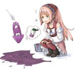  1girl bandanna boots felicia_(fire_emblem_if) fingerless_gloves fire_emblem fire_emblem_heroes fire_emblem_if gloves green_eyes high_heels inkling long_hair long_sleeves lowres nintendo open_mouth pink_hair ponytail robaco simple_background splatoon splatoon_(series) squatting twitter_username white_background 