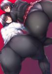  2girls all_fours artist_request ass black_hair breasts brown_eyes cameltoe dual_persona from_behind girls_und_panzer huge_ass large_breasts looking_at_viewer looking_back multiple_girls nishizumi_shiho panties panties_under_pantyhose pants pantyhose school_uniform shiny shiny_hair short_hair skirt smile tight tight_pants underwear 